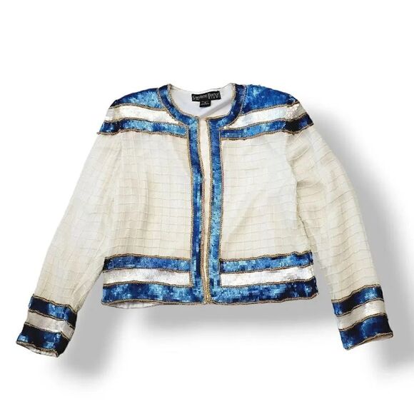 Vintage Carolyn Barton 100% Silk Beaded Evening Jacket in Ivory/Sea Blue Size M - Picture 6 of 16